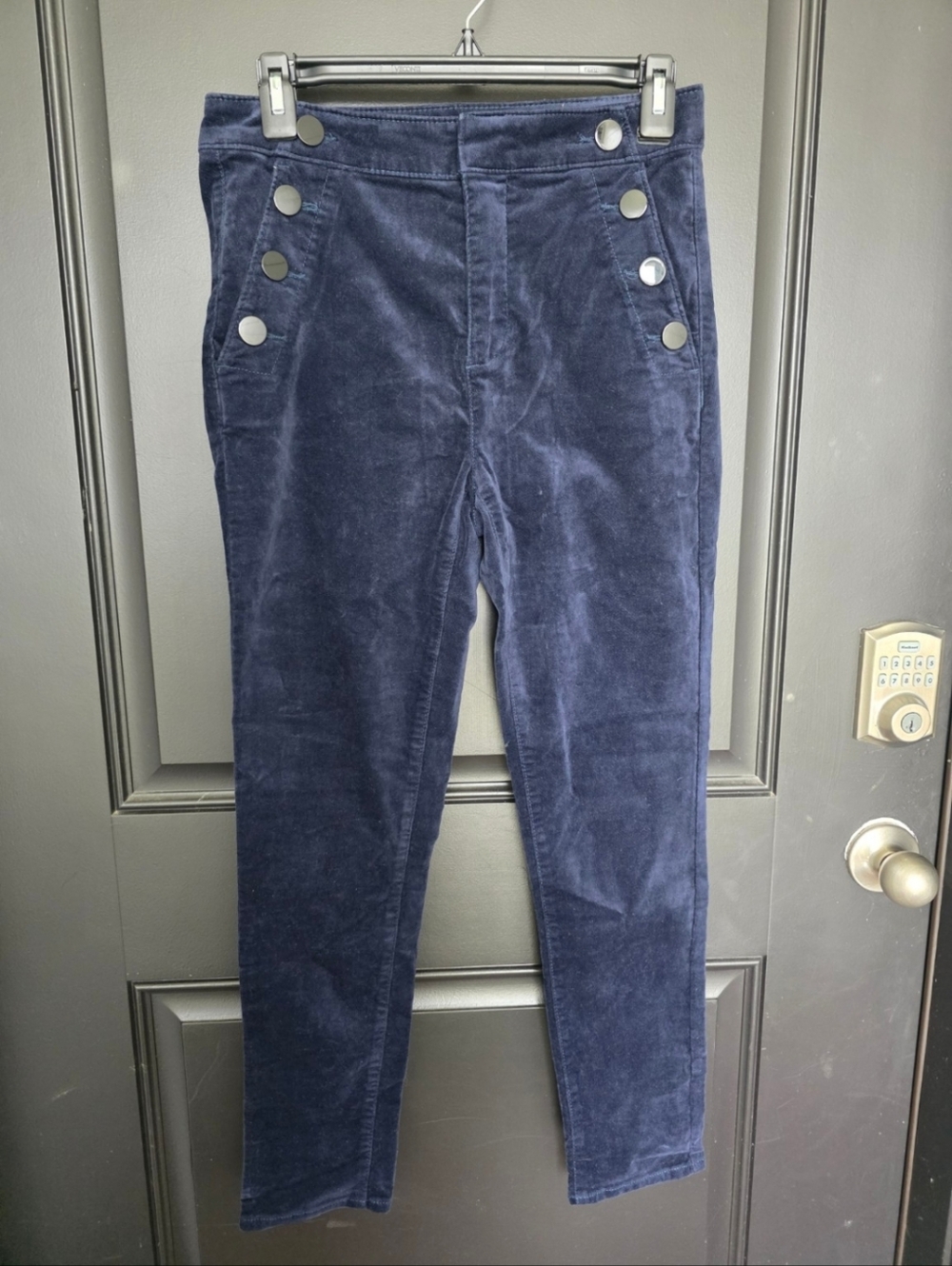 LOFT Velvet Pants Women Size 4 Blue High Rise Button Detail Slim Fit Stretch